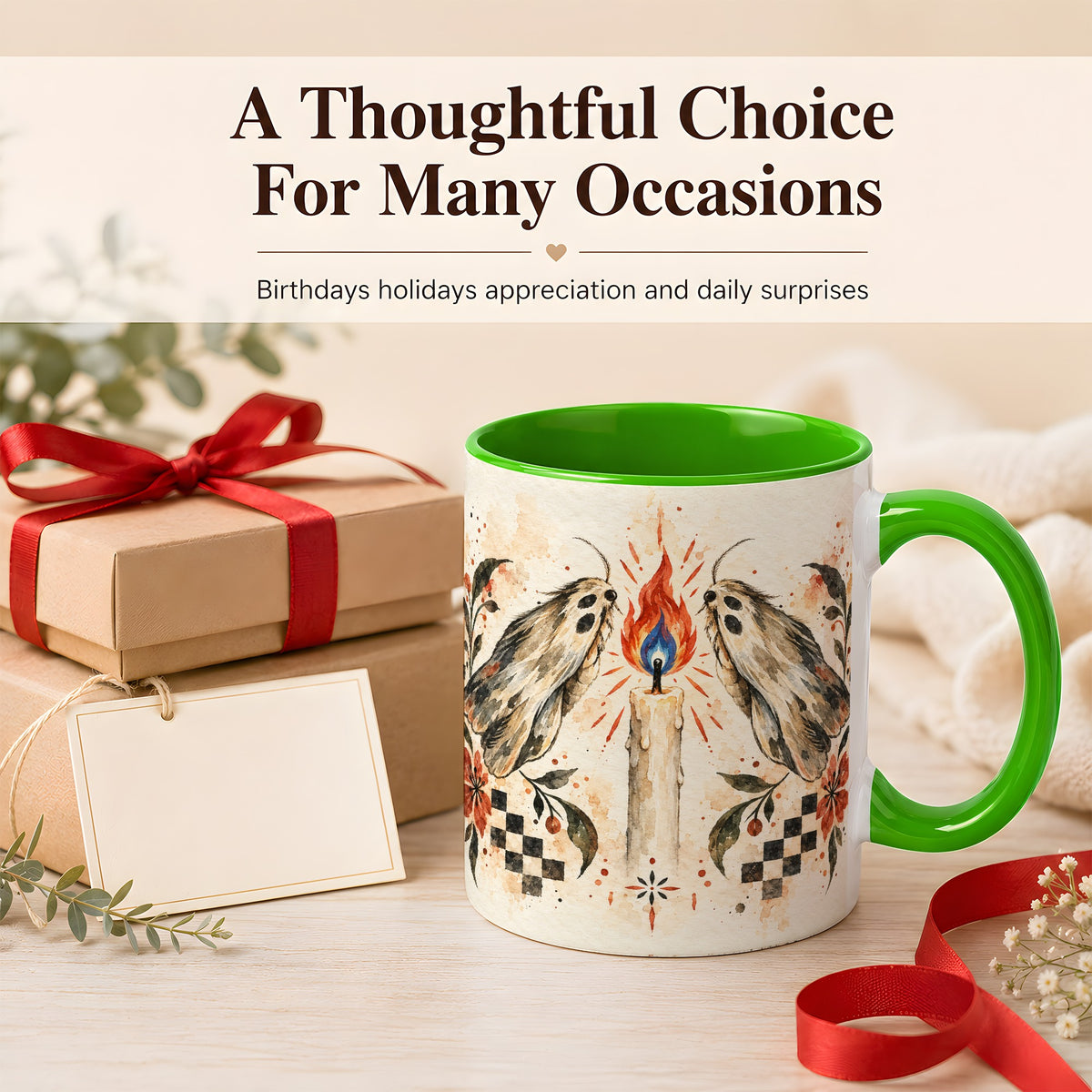 #pl[11oz|Green] Moth Candle Coffee Mug, Folk Floral Moth Mug, Ceramic Cup