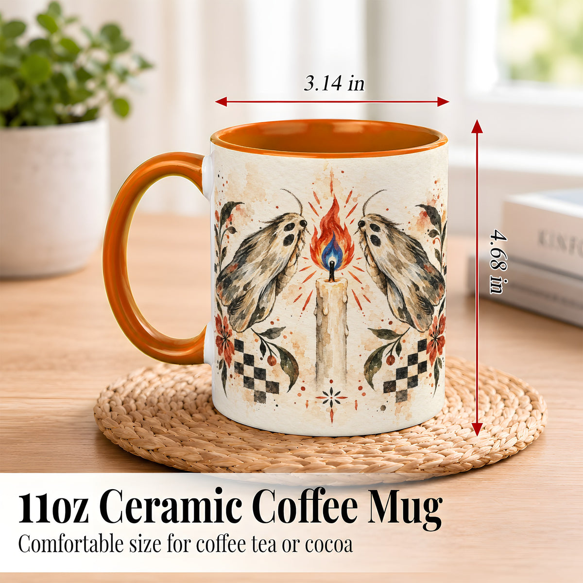 #pl[11oz|Orange] Moth Candle Coffee Mug, Folk Floral Moth Mug, Ceramic Cup
