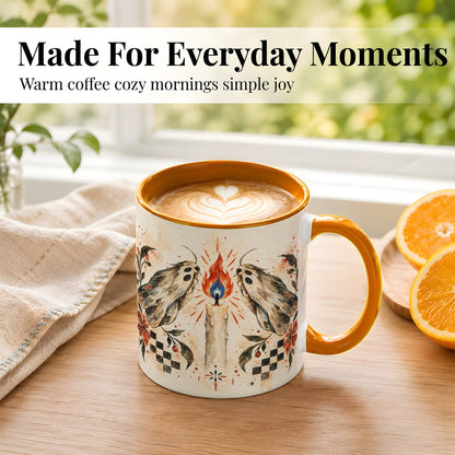 #pl[11oz|Orange] Moth Candle Coffee Mug, Folk Floral Moth Mug, Ceramic Cup