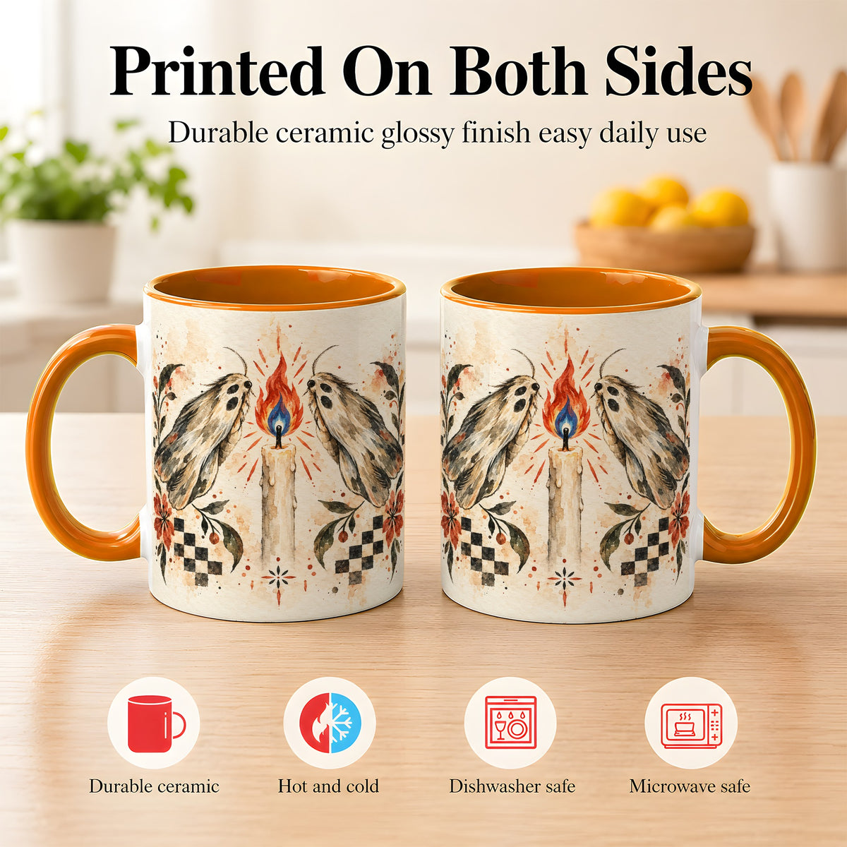#pl[11oz|Orange] Moth Candle Coffee Mug, Folk Floral Moth Mug, Ceramic Cup