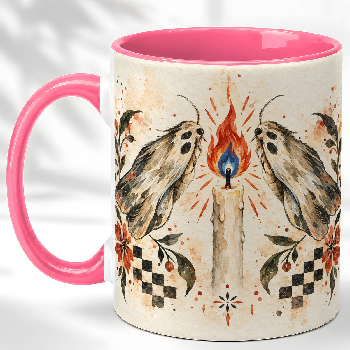 #pl[11oz|Pink] Moth Candle Coffee Mug, Folk Floral Moth Mug, Ceramic Cup