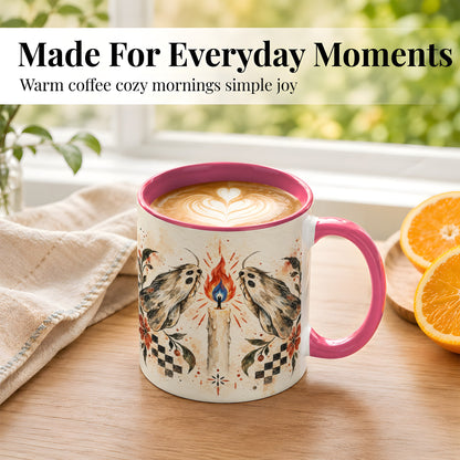 #pl[11oz|Pink] Moth Candle Coffee Mug, Folk Floral Moth Mug, Ceramic Cup