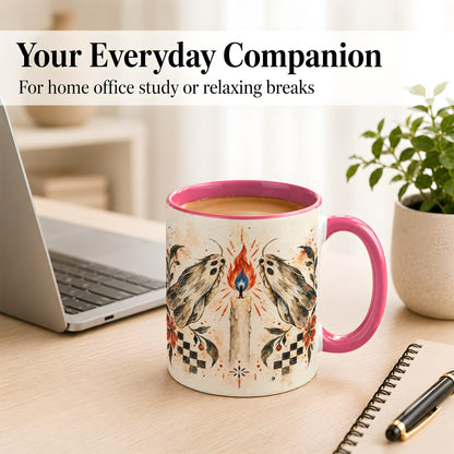 #pl[11oz|Pink] Moth Candle Coffee Mug, Folk Floral Moth Mug, Ceramic Cup
