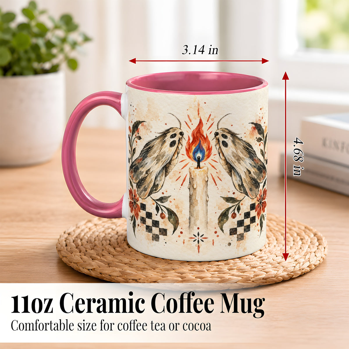 #pl[11oz|Pink] Moth Candle Coffee Mug, Folk Floral Moth Mug, Ceramic Cup