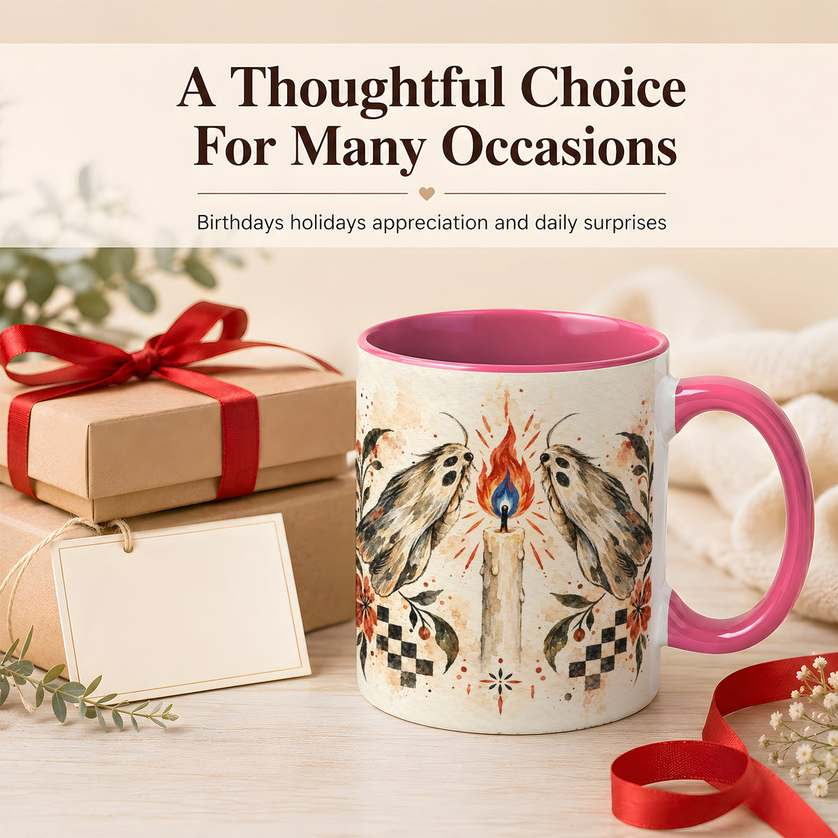 #pl[11oz|Pink] Moth Candle Coffee Mug, Folk Floral Moth Mug, Ceramic Cup