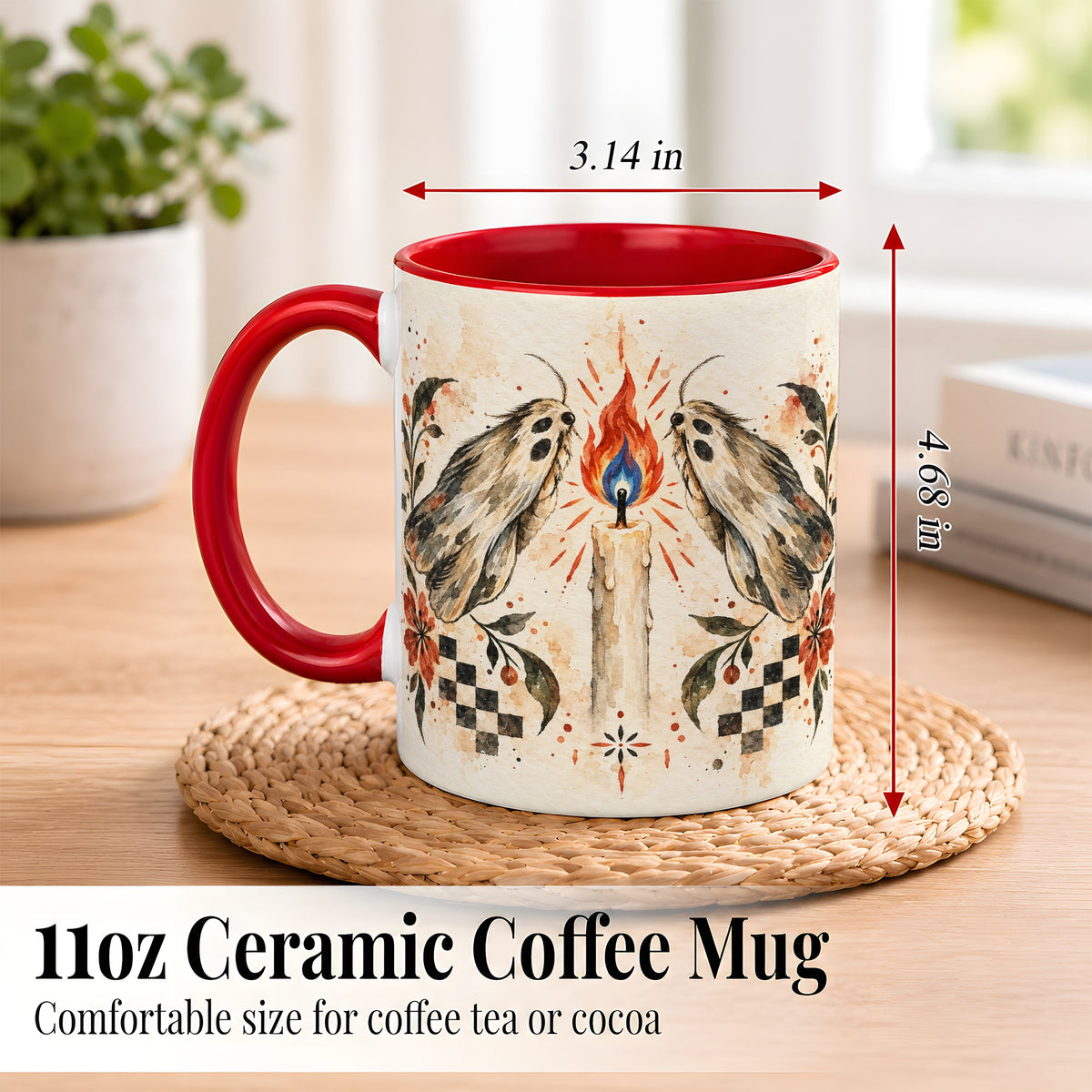 #pl[11oz|Red] Moth Candle Coffee Mug, Folk Floral Moth Mug, Ceramic Cup