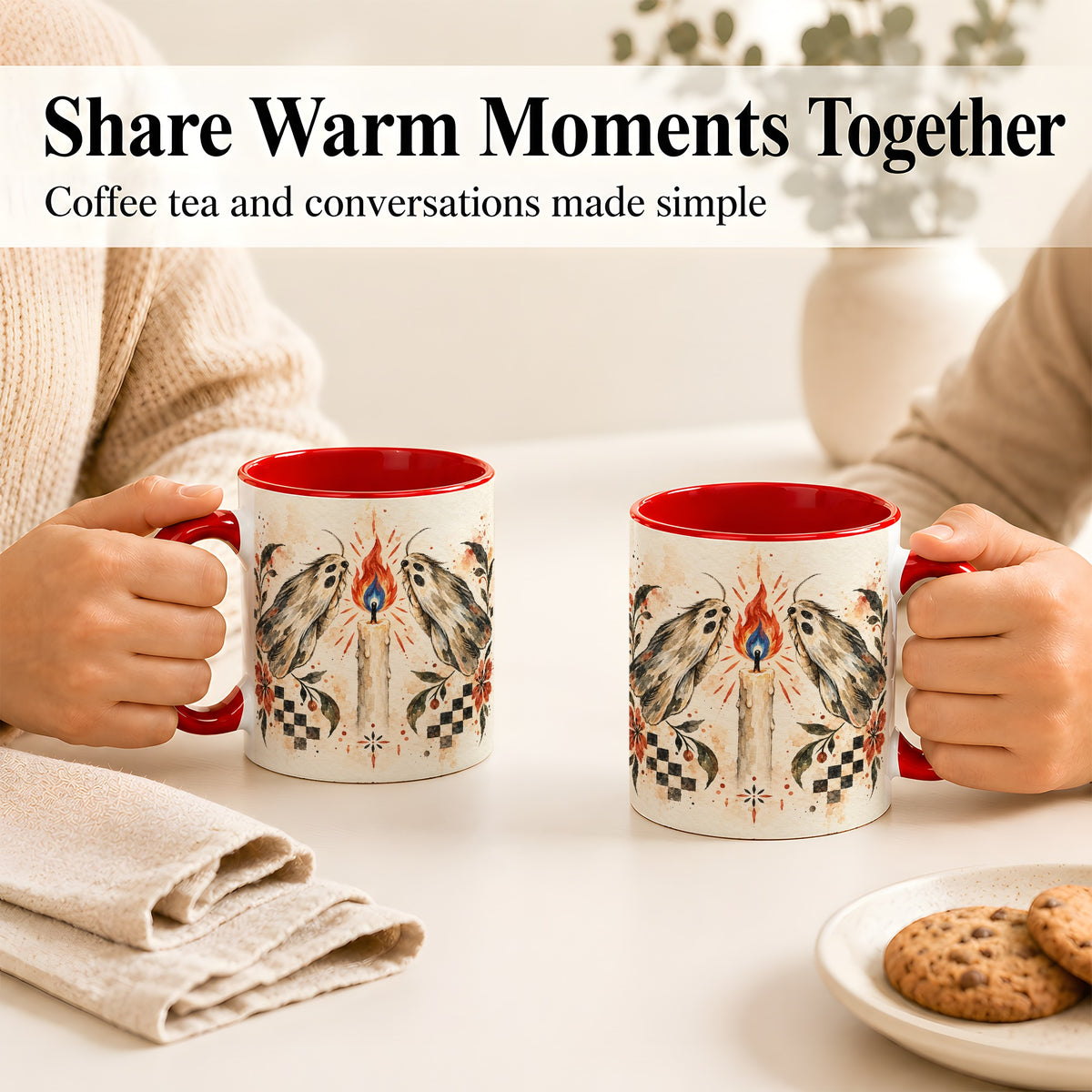 #pl[11oz|Red] Moth Candle Coffee Mug, Folk Floral Moth Mug, Ceramic Cup