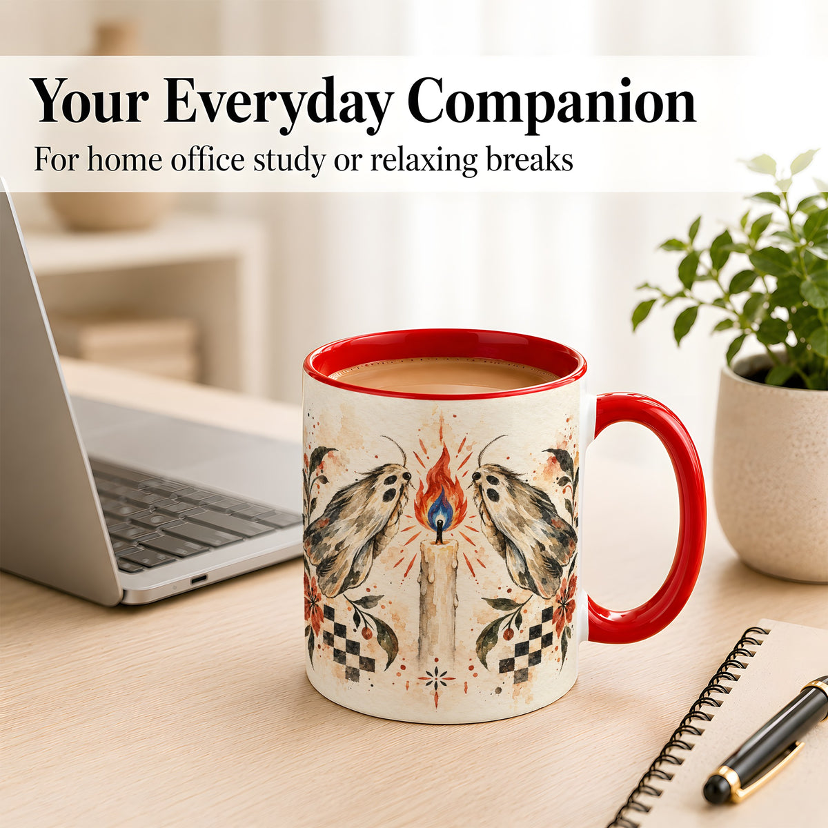 #pl[11oz|Red] Moth Candle Coffee Mug, Folk Floral Moth Mug, Ceramic Cup