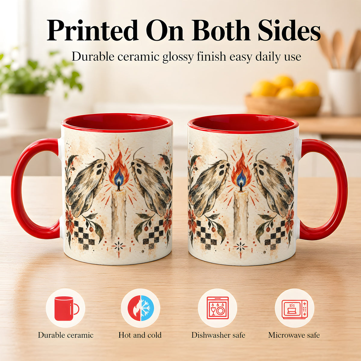 #pl[11oz|Red] Moth Candle Coffee Mug, Folk Floral Moth Mug, Ceramic Cup