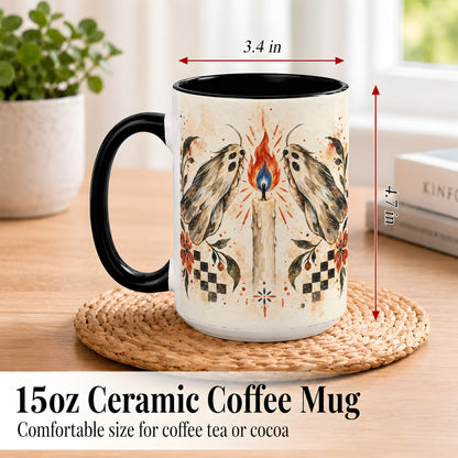 #pl[15oz|Black] Moth Candle Coffee Mug, Folk Floral Moth Mug, Ceramic Cup