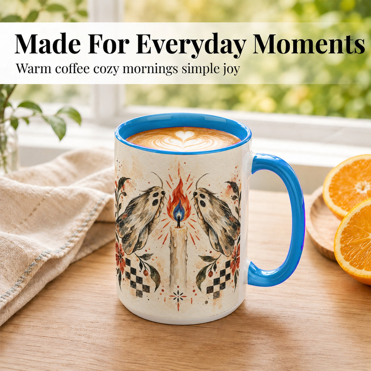 #pl[15oz|Blue] Moth Candle Coffee Mug, Folk Floral Moth Mug, Ceramic Cup