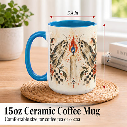 #pl[15oz|Blue] Moth Candle Coffee Mug, Folk Floral Moth Mug, Ceramic Cup