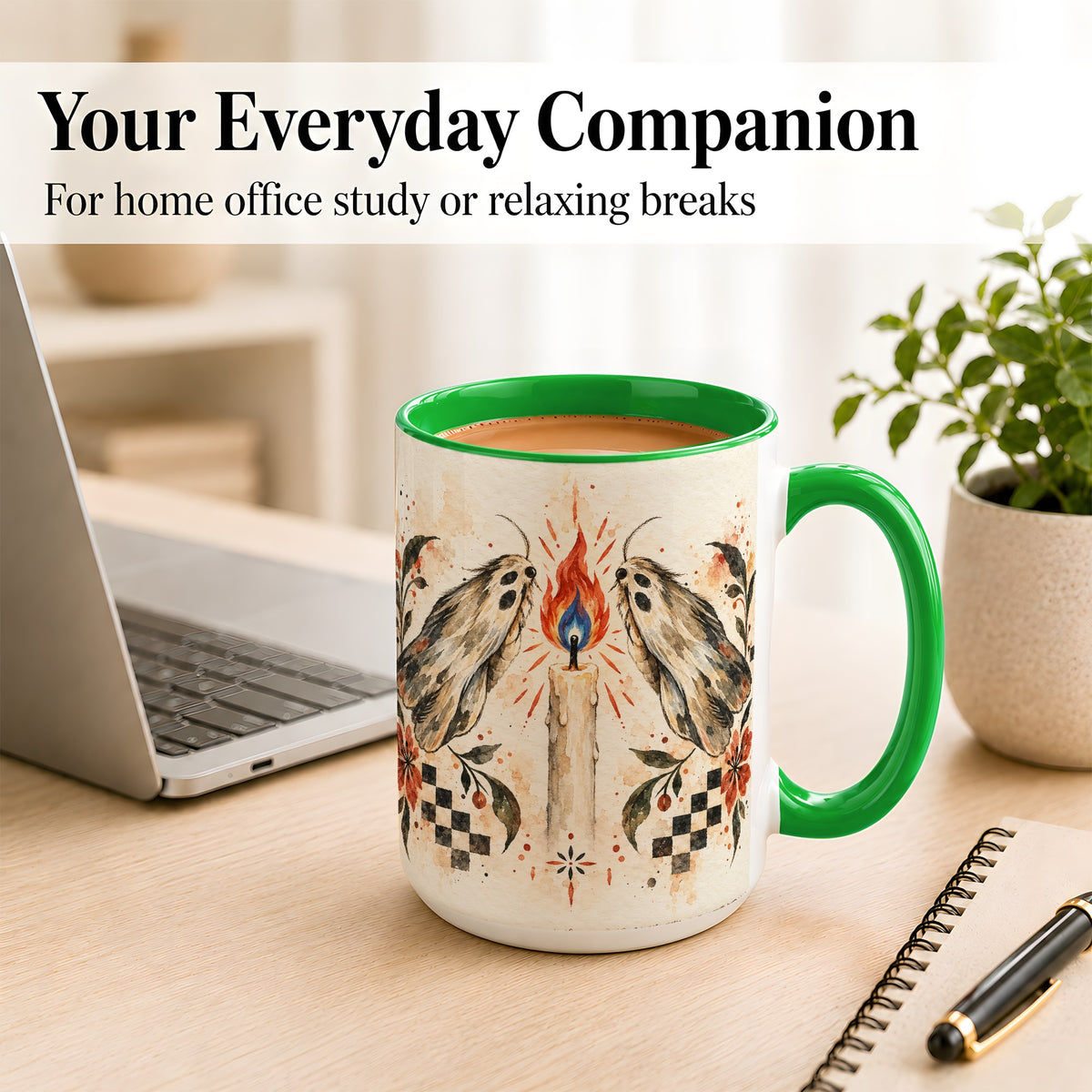 #pl[15oz|Green] Moth Candle Coffee Mug, Folk Floral Moth Mug, Ceramic Cup