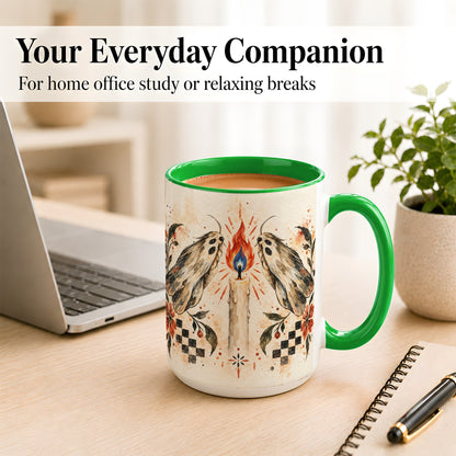 #pl[15oz|Green] Moth Candle Coffee Mug, Folk Floral Moth Mug, Ceramic Cup