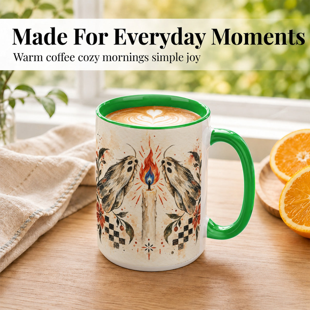 #pl[15oz|Green] Moth Candle Coffee Mug, Folk Floral Moth Mug, Ceramic Cup