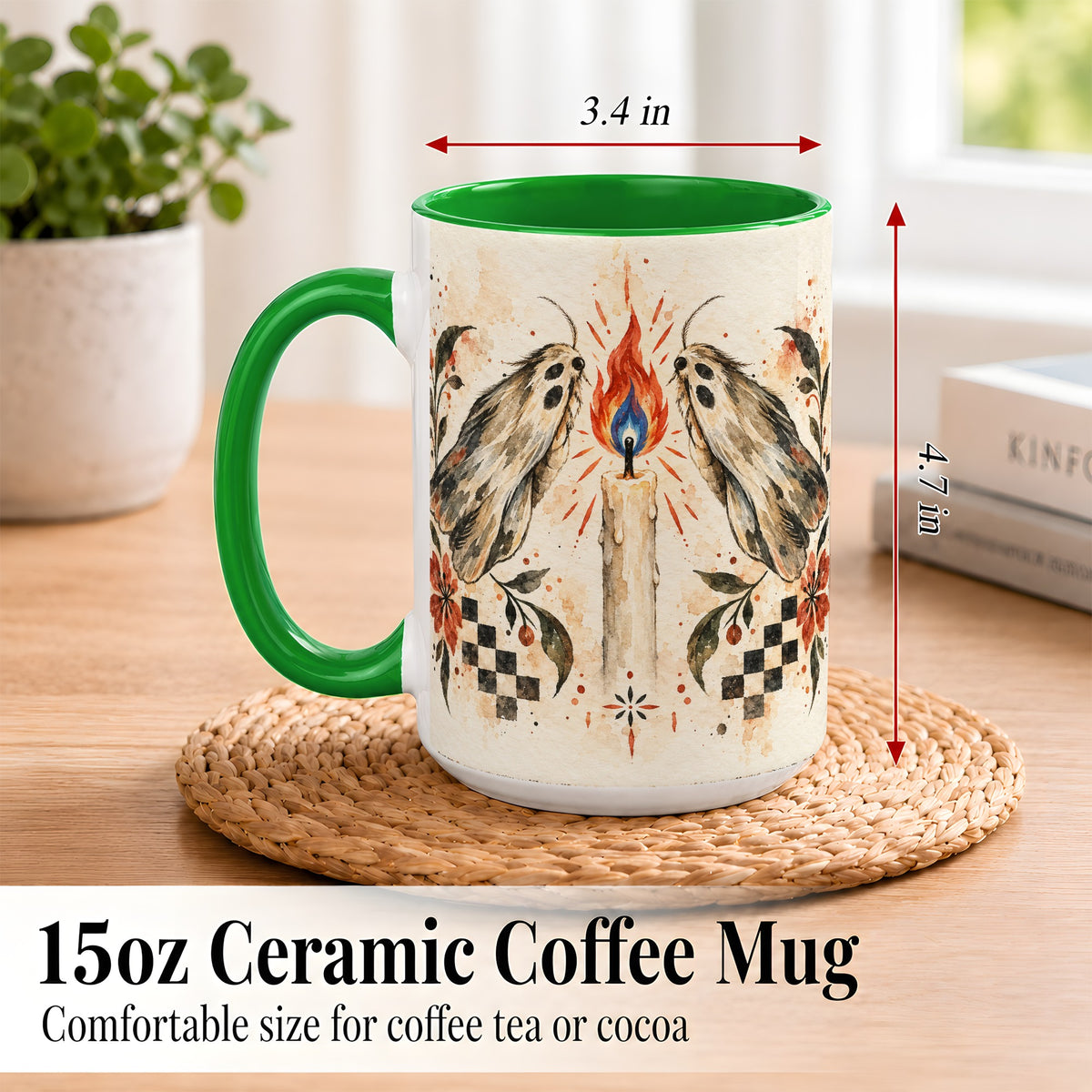 #pl[15oz|Green] Moth Candle Coffee Mug, Folk Floral Moth Mug, Ceramic Cup