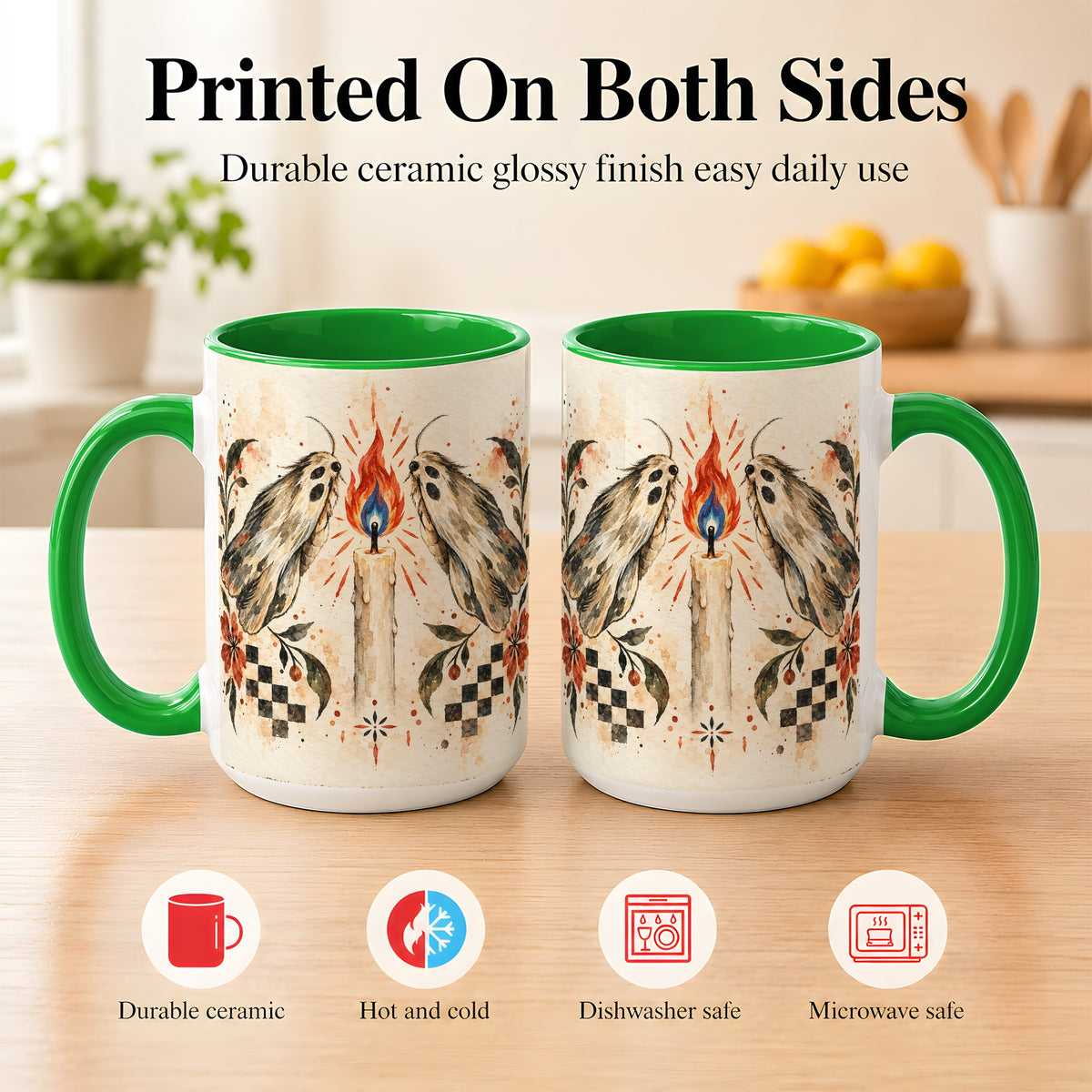 #pl[15oz|Green] Moth Candle Coffee Mug, Folk Floral Moth Mug, Ceramic Cup
