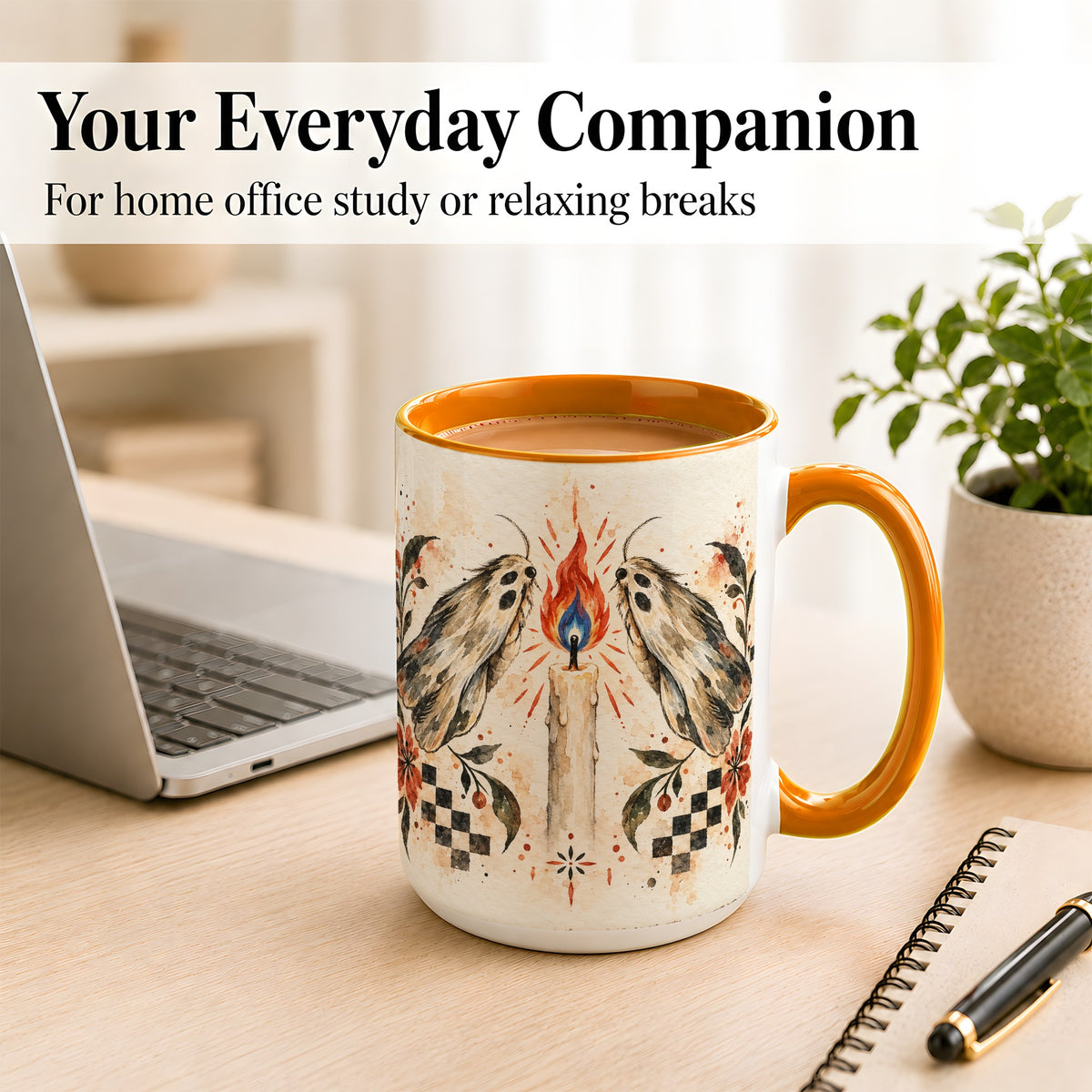 #pl[15oz|Orange] Moth Candle Coffee Mug, Folk Floral Moth Mug, Ceramic Cup