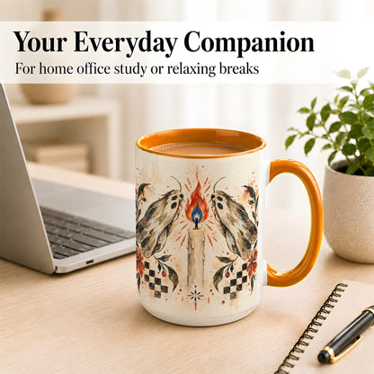 #pl[15oz|Orange] Moth Candle Coffee Mug, Folk Floral Moth Mug, Ceramic Cup