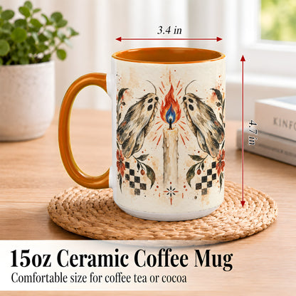 #pl[15oz|Orange] Moth Candle Coffee Mug, Folk Floral Moth Mug, Ceramic Cup