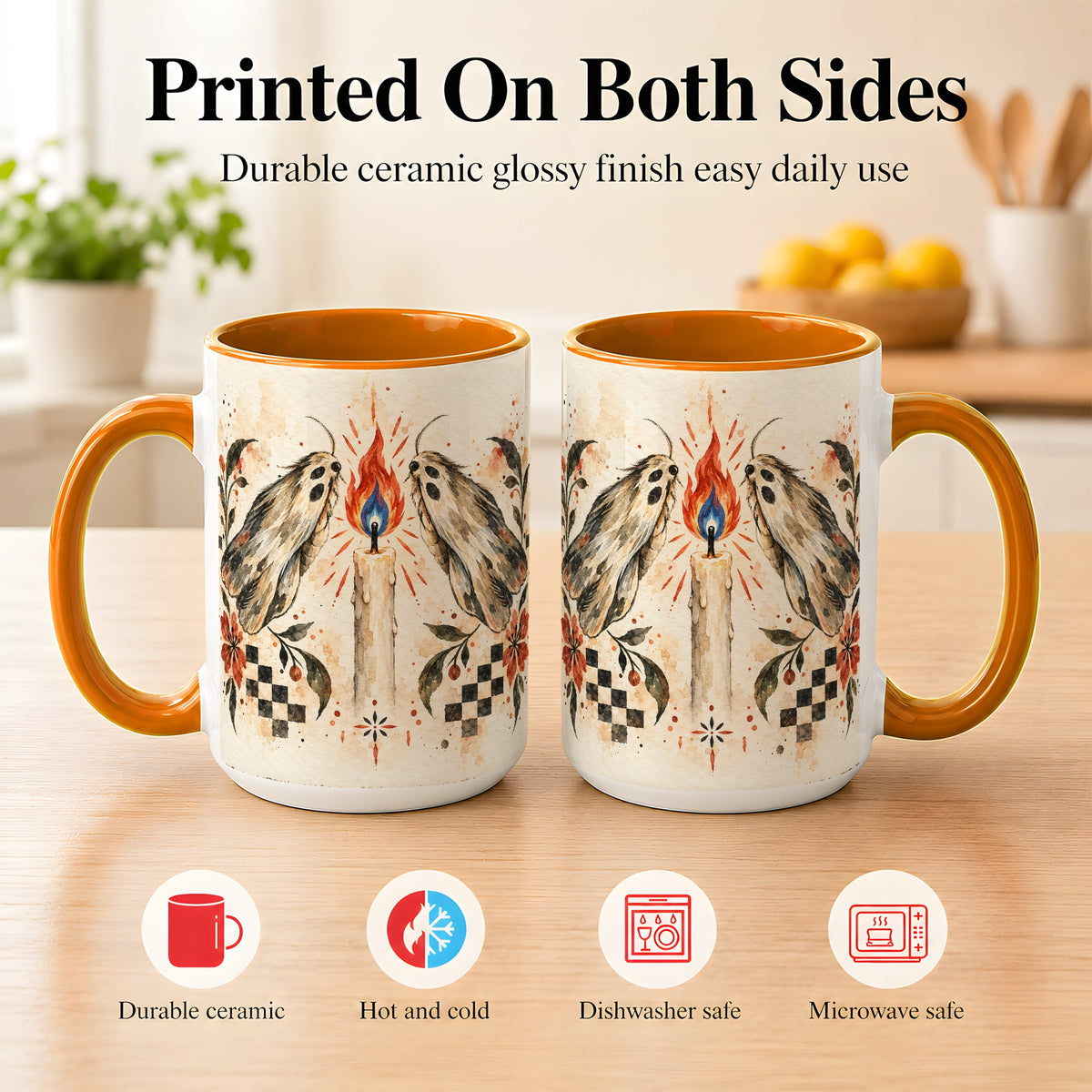 #pl[15oz|Orange] Moth Candle Coffee Mug, Folk Floral Moth Mug, Ceramic Cup
