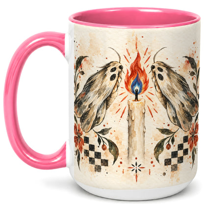 #pl[15oz|Pink] Moth Candle Coffee Mug, Folk Floral Moth Mug, Ceramic Cup