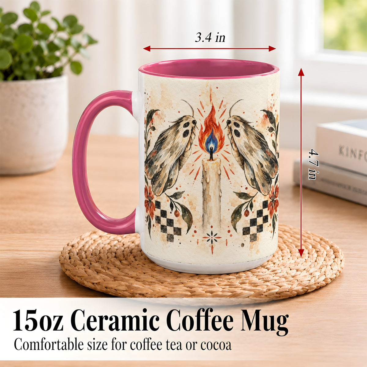 #pl[15oz|Pink] Moth Candle Coffee Mug, Folk Floral Moth Mug, Ceramic Cup