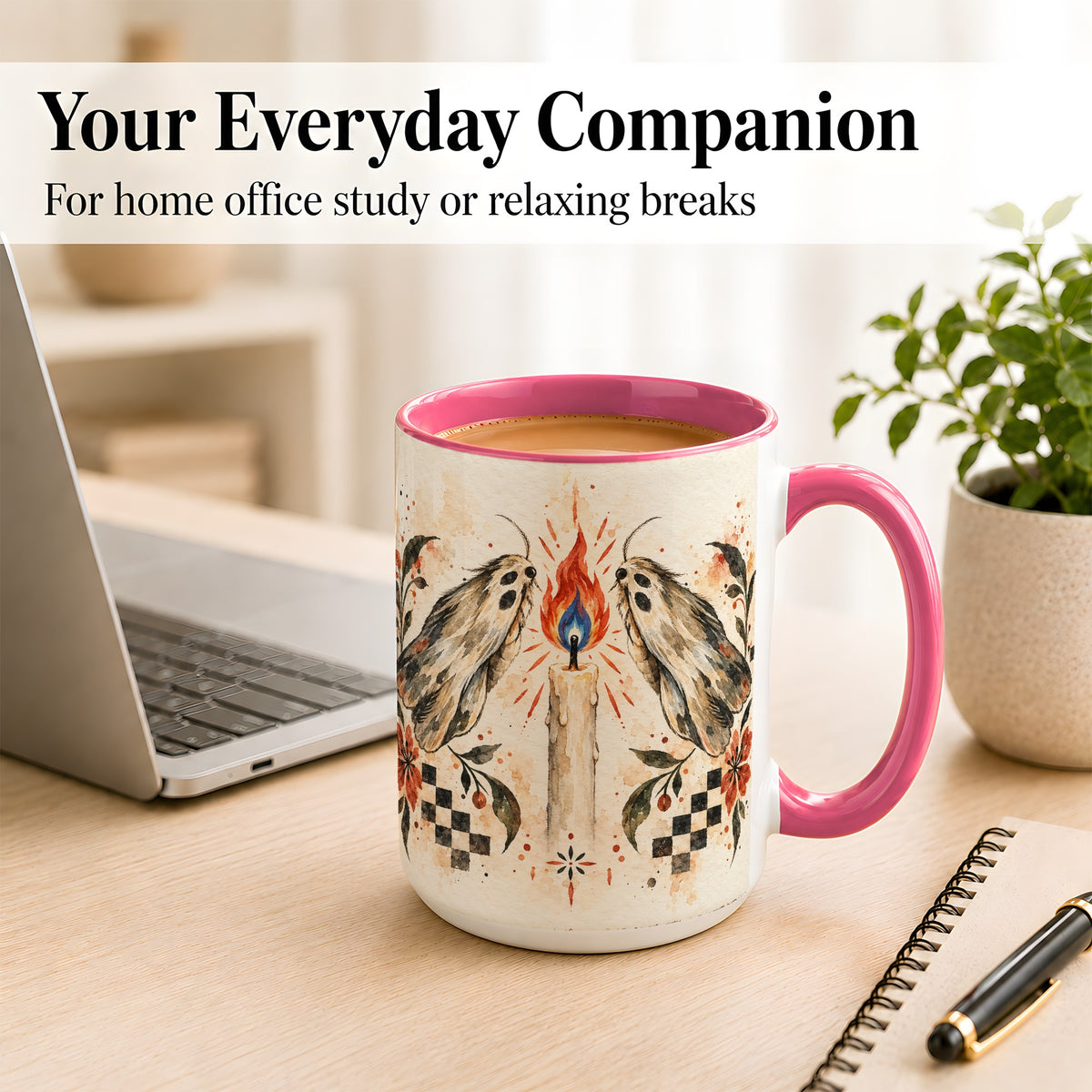#pl[15oz|Pink] Moth Candle Coffee Mug, Folk Floral Moth Mug, Ceramic Cup