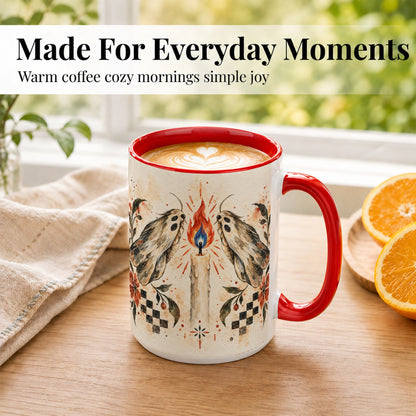 #pl[15oz|Red] Moth Candle Coffee Mug, Folk Floral Moth Mug, Ceramic Cup