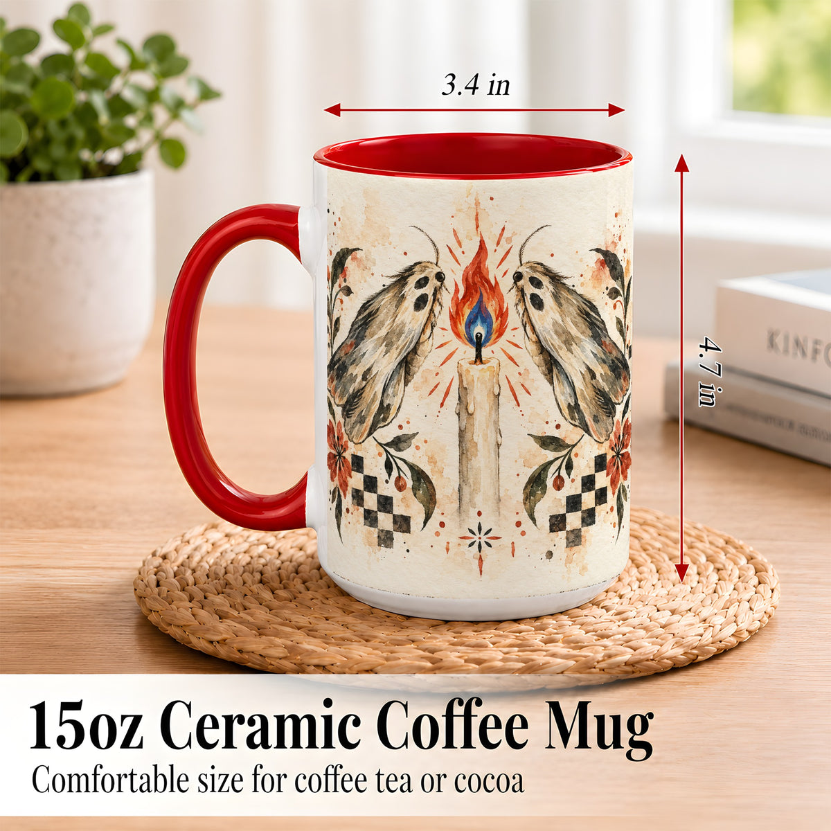 #pl[15oz|Red] Moth Candle Coffee Mug, Folk Floral Moth Mug, Ceramic Cup