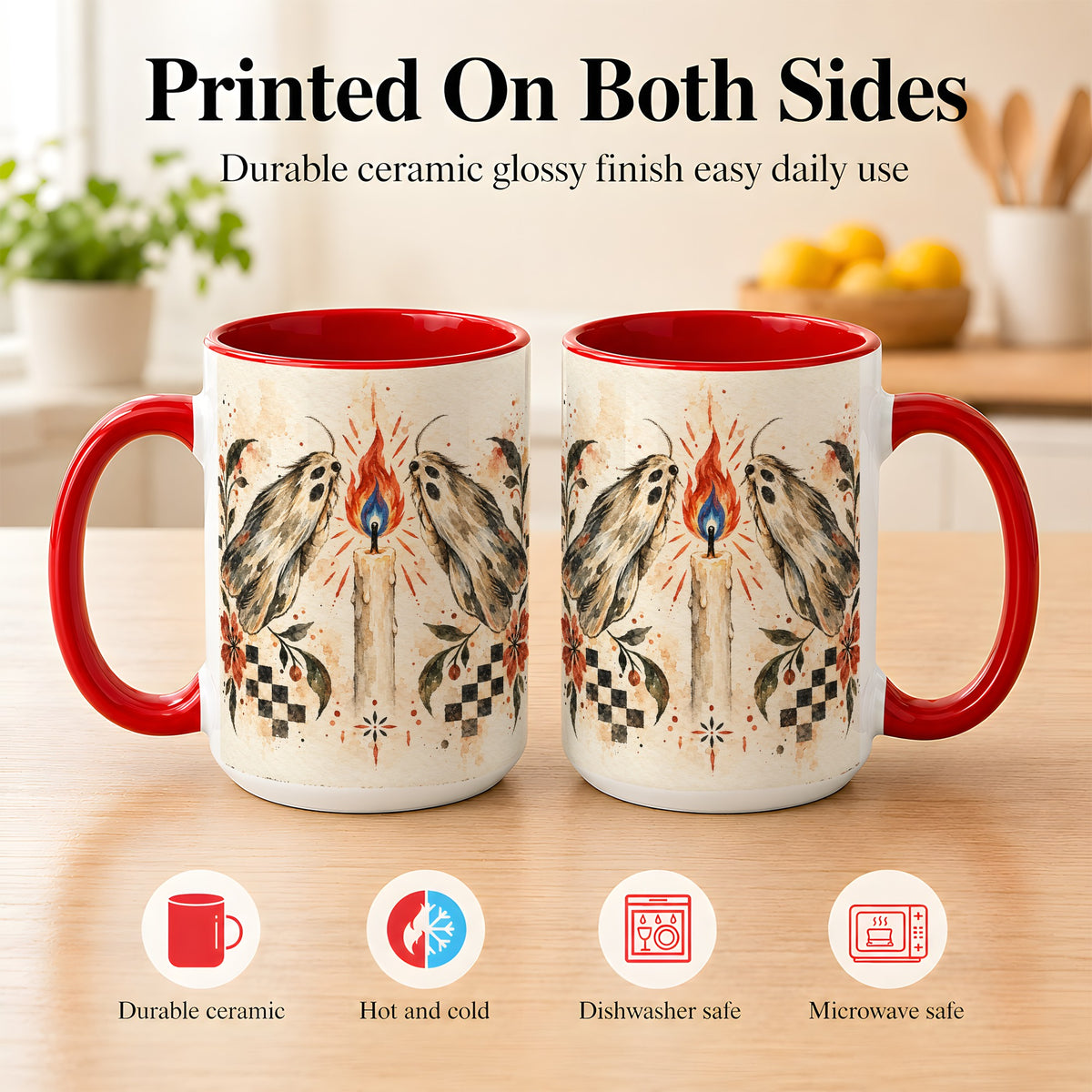 #pl[15oz|Red] Moth Candle Coffee Mug, Folk Floral Moth Mug, Ceramic Cup