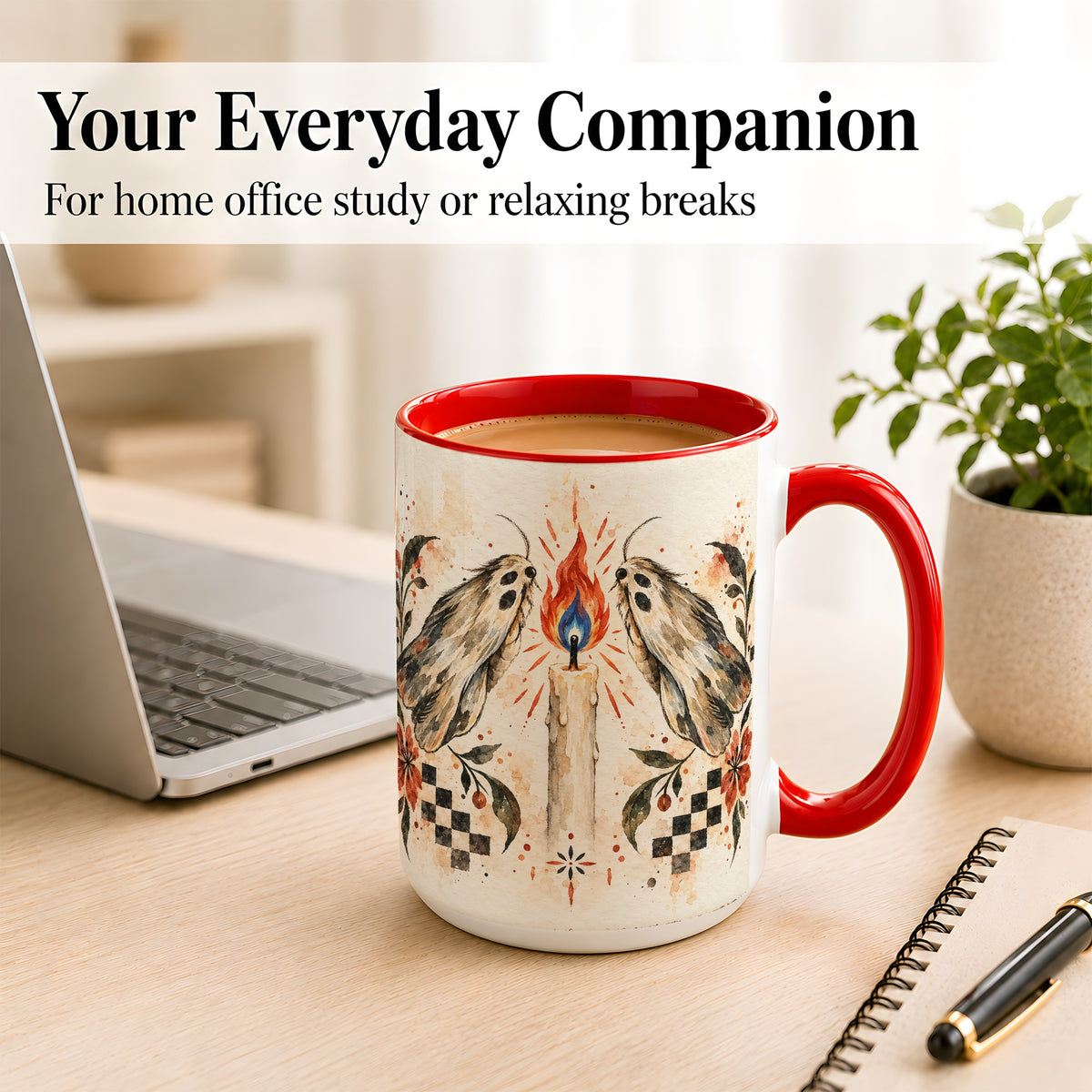 #pl[15oz|Red] Moth Candle Coffee Mug, Folk Floral Moth Mug, Ceramic Cup