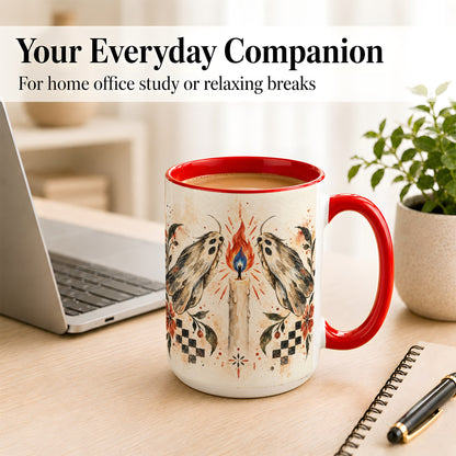 #pl[15oz|Red] Moth Candle Coffee Mug, Folk Floral Moth Mug, Ceramic Cup