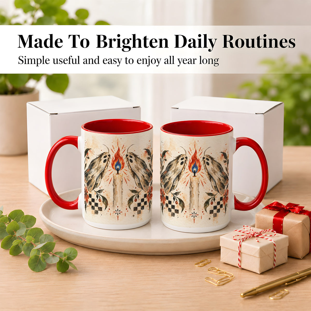 #pl[15oz|Red] Moth Candle Coffee Mug, Folk Floral Moth Mug, Ceramic Cup
