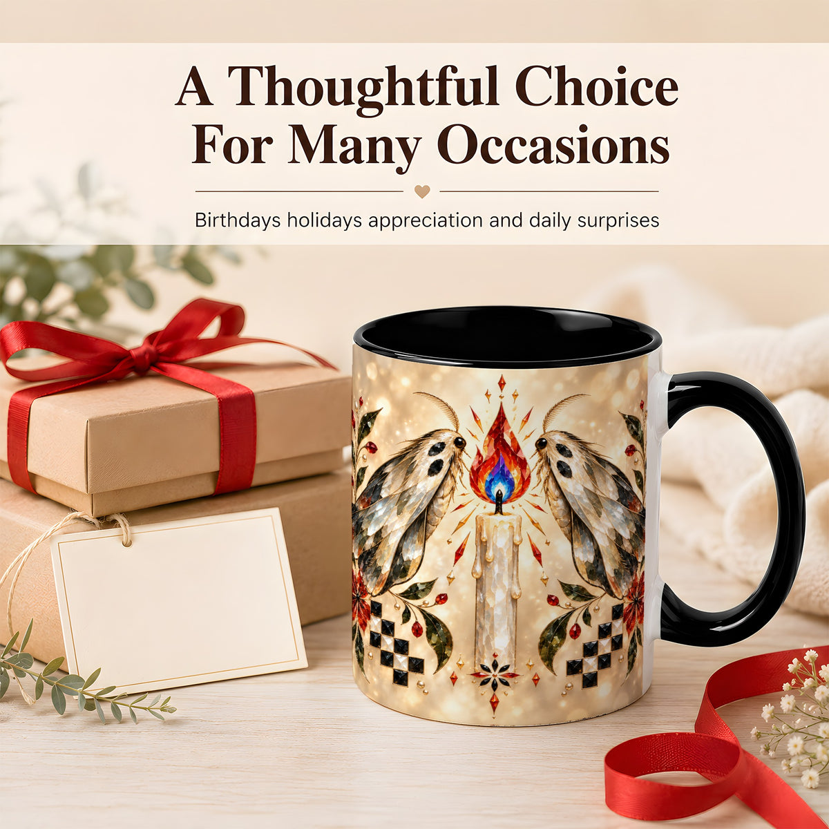#pl[11oz|Black] Crystal Moth Candle Coffee Mug, Gothic Moth Mug, Ceramic Cup