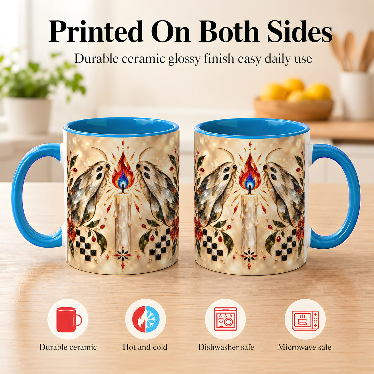 #pl[11oz|Blue] Crystal Moth Candle Coffee Mug, Gothic Moth Mug, Ceramic Cup