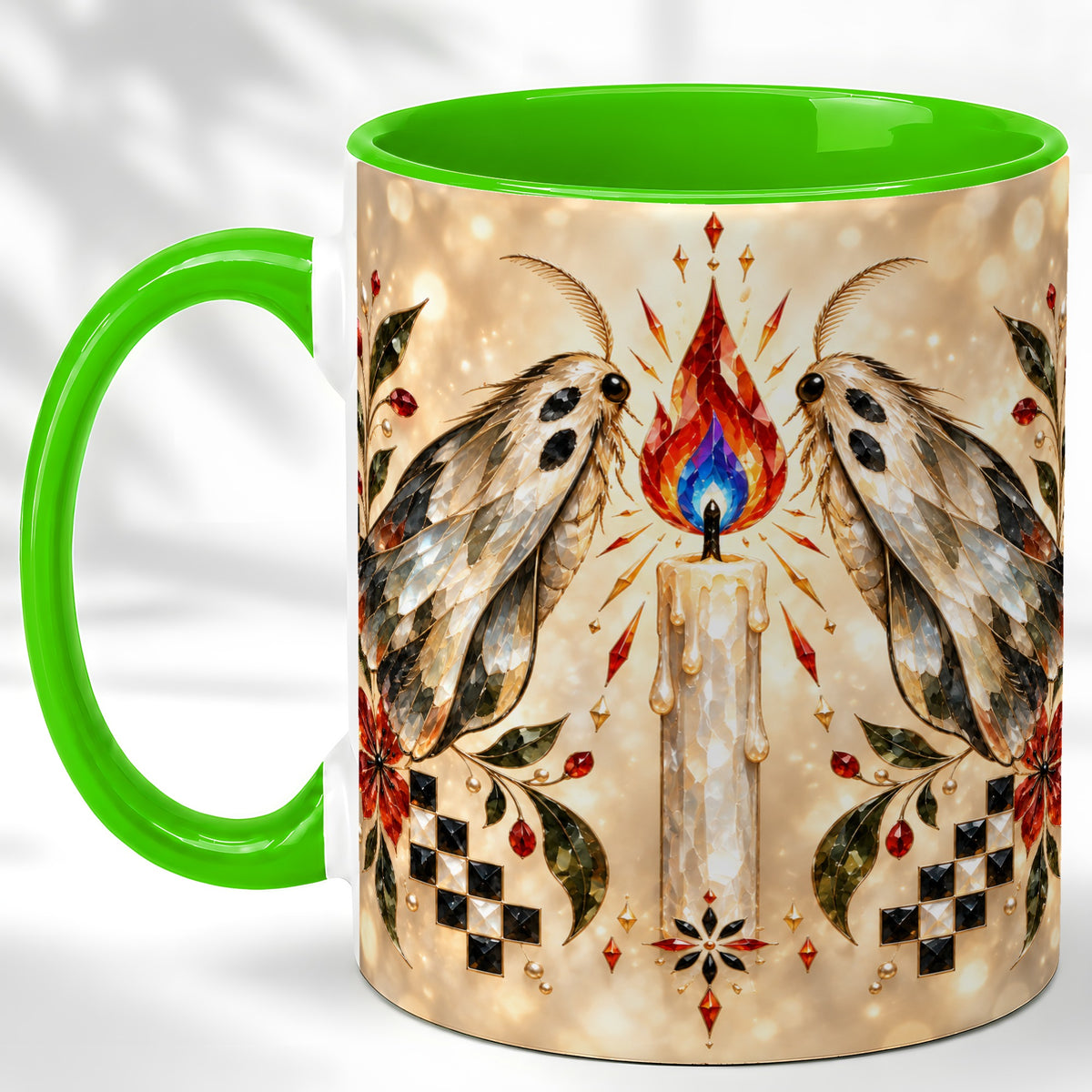 #pl[11oz|Green] Crystal Moth Candle Coffee Mug, Gothic Moth Mug, Ceramic Cup