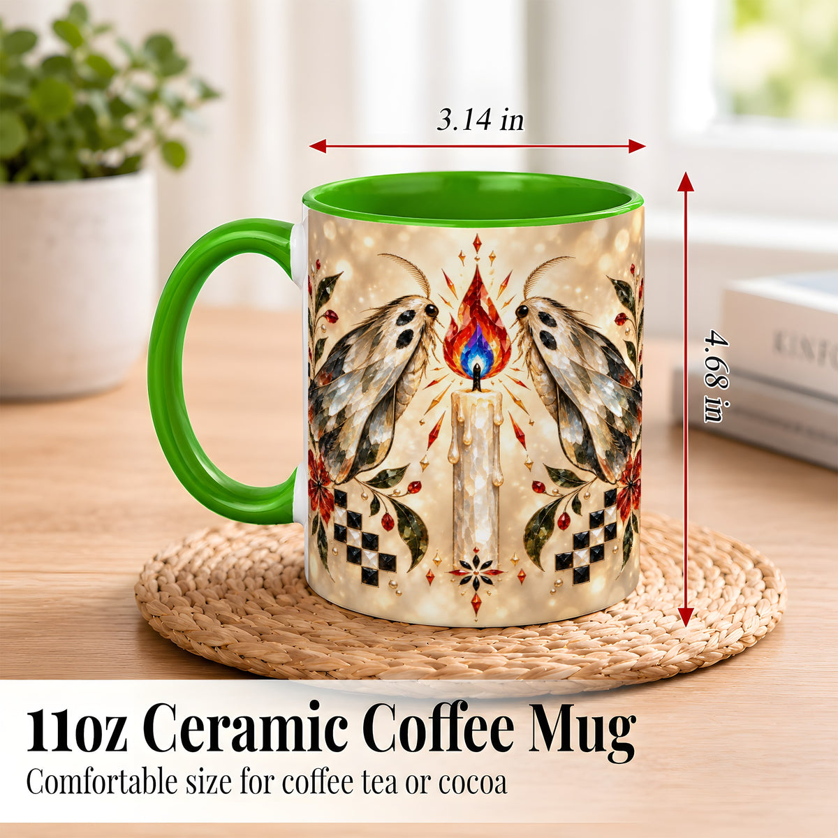 #pl[11oz|Green] Crystal Moth Candle Coffee Mug, Gothic Moth Mug, Ceramic Cup