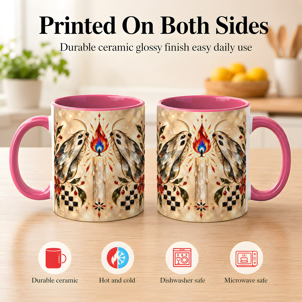 #pl[11oz|Pink] Crystal Moth Candle Coffee Mug, Gothic Moth Mug, Ceramic Cup