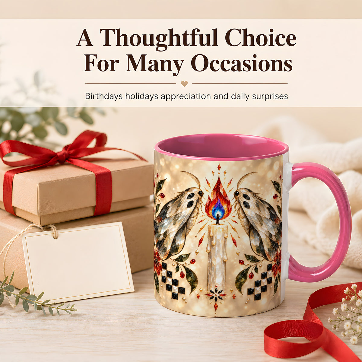 #pl[11oz|Pink] Crystal Moth Candle Coffee Mug, Gothic Moth Mug, Ceramic Cup