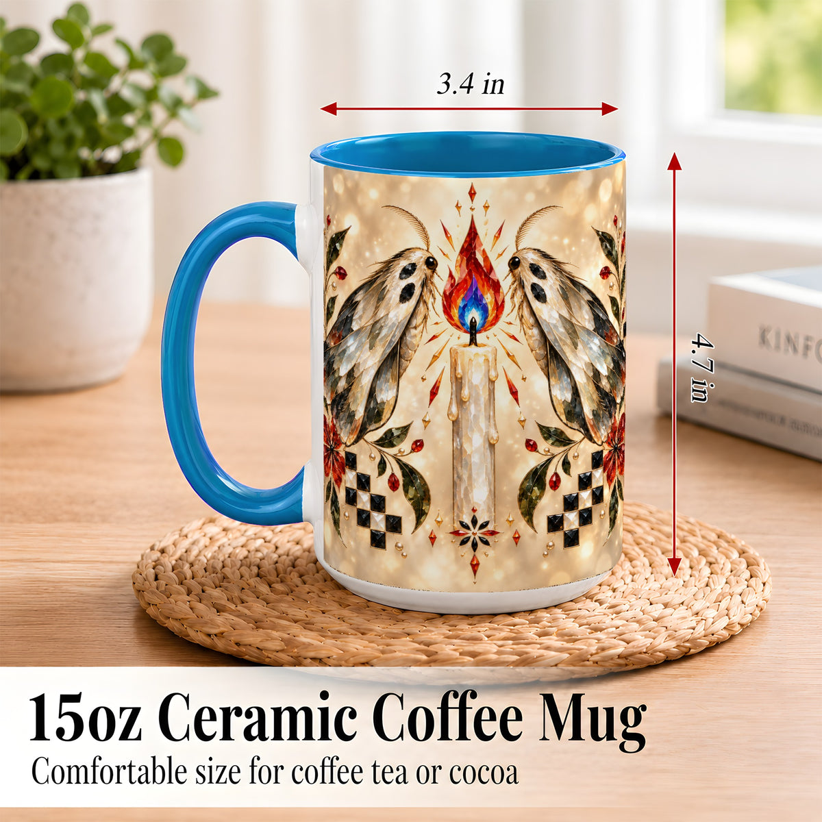 #pl[15oz|Blue] Crystal Moth Candle Coffee Mug, Gothic Moth Mug, Ceramic Cup