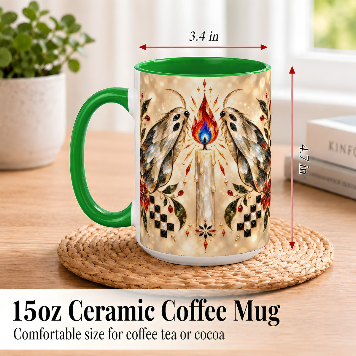 #pl[15oz|Green] Crystal Moth Candle Coffee Mug, Gothic Moth Mug, Ceramic Cup