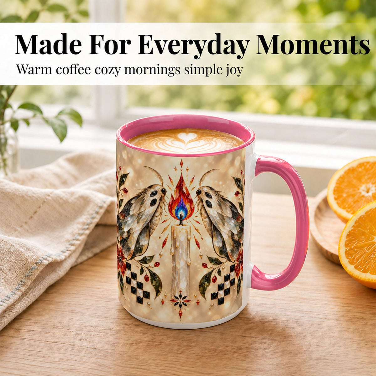 #pl[15oz|Pink] Crystal Moth Candle Coffee Mug, Gothic Moth Mug, Ceramic Cup