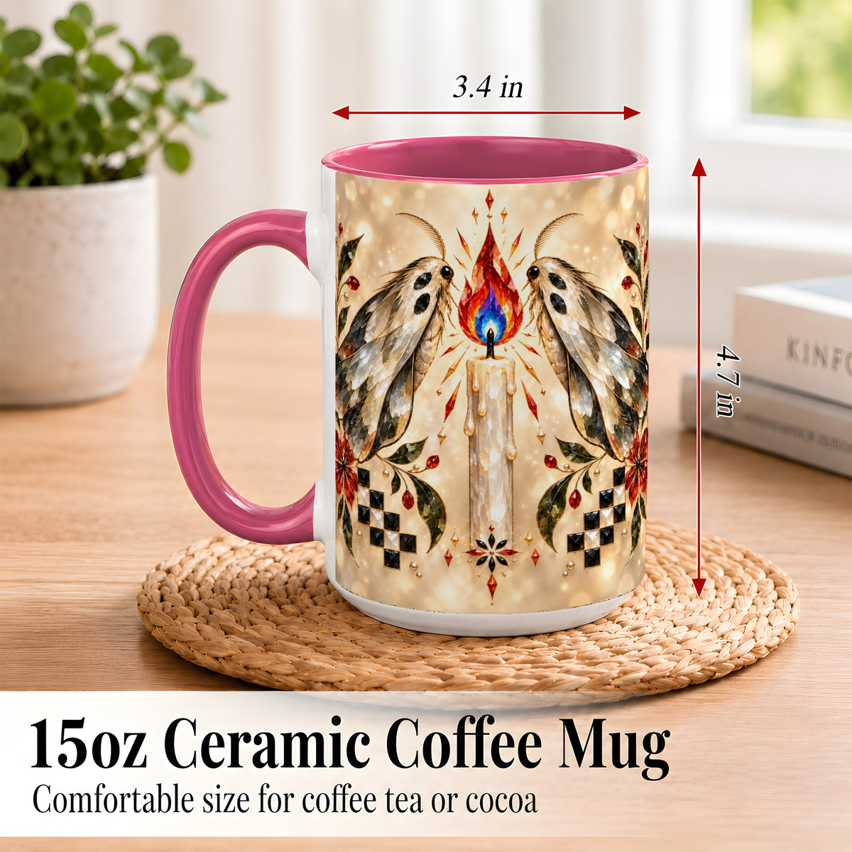 #pl[15oz|Pink] Crystal Moth Candle Coffee Mug, Gothic Moth Mug, Ceramic Cup