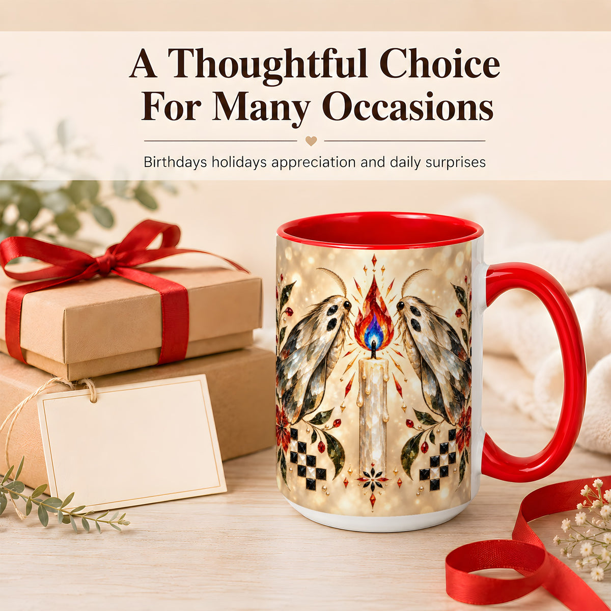 #pl[15oz|Red] Crystal Moth Candle Coffee Mug, Gothic Moth Mug, Ceramic Cup
