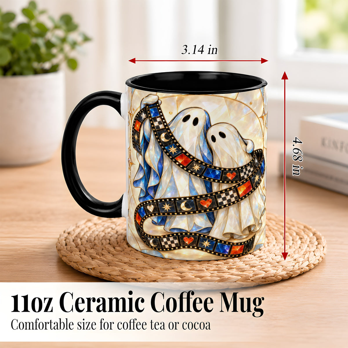#pl[11oz|Black] Gemstone Ghost Film Coffee Mug, Spooky Cinema Mug, Ceramic Cup