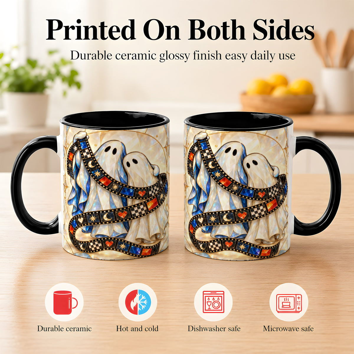 #pl[11oz|Black] Gemstone Ghost Film Coffee Mug, Spooky Cinema Mug, Ceramic Cup