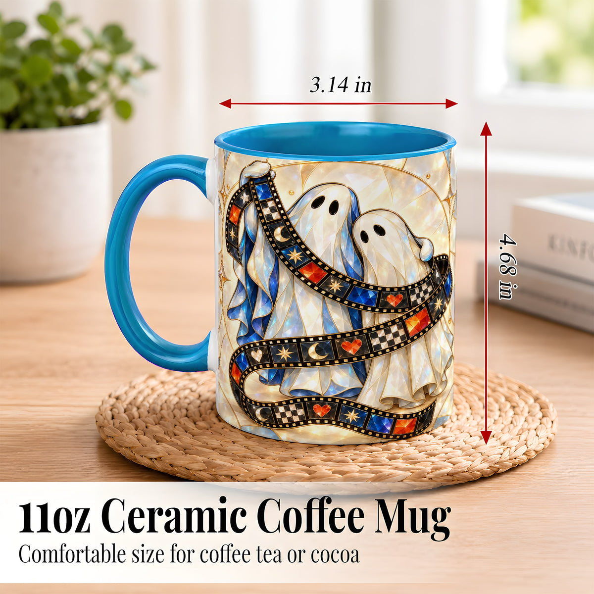 #pl[11oz|Blue] Gemstone Ghost Film Coffee Mug, Spooky Cinema Mug, Ceramic Cup