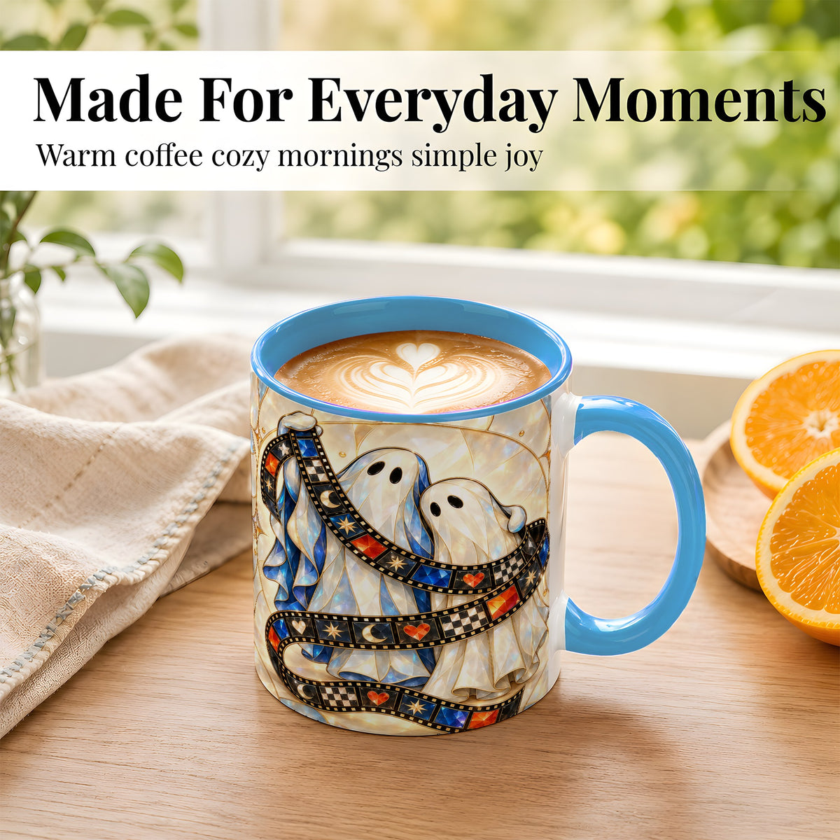 #pl[11oz|Blue] Gemstone Ghost Film Coffee Mug, Spooky Cinema Mug, Ceramic Cup