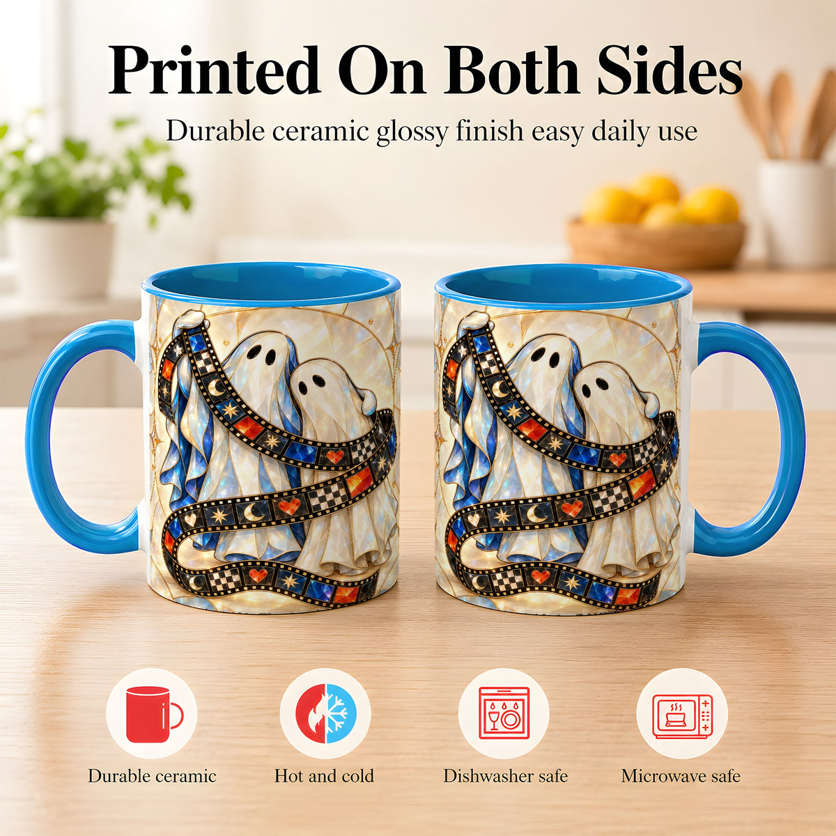 #pl[11oz|Blue] Gemstone Ghost Film Coffee Mug, Spooky Cinema Mug, Ceramic Cup